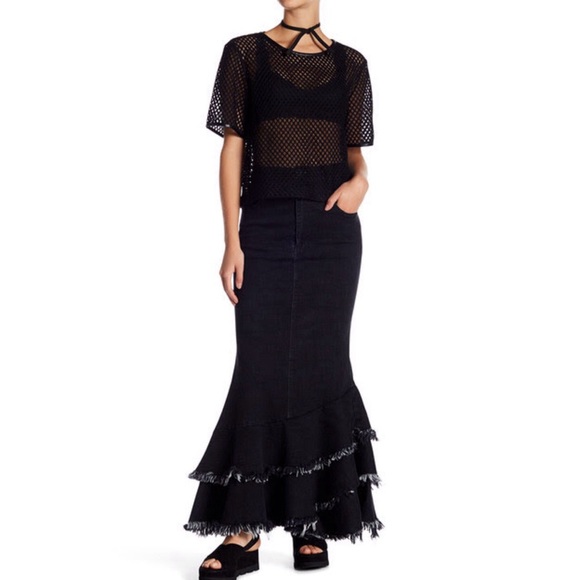 SOLD Distressed Denim Maxi Skirt - Picture 2 of 6